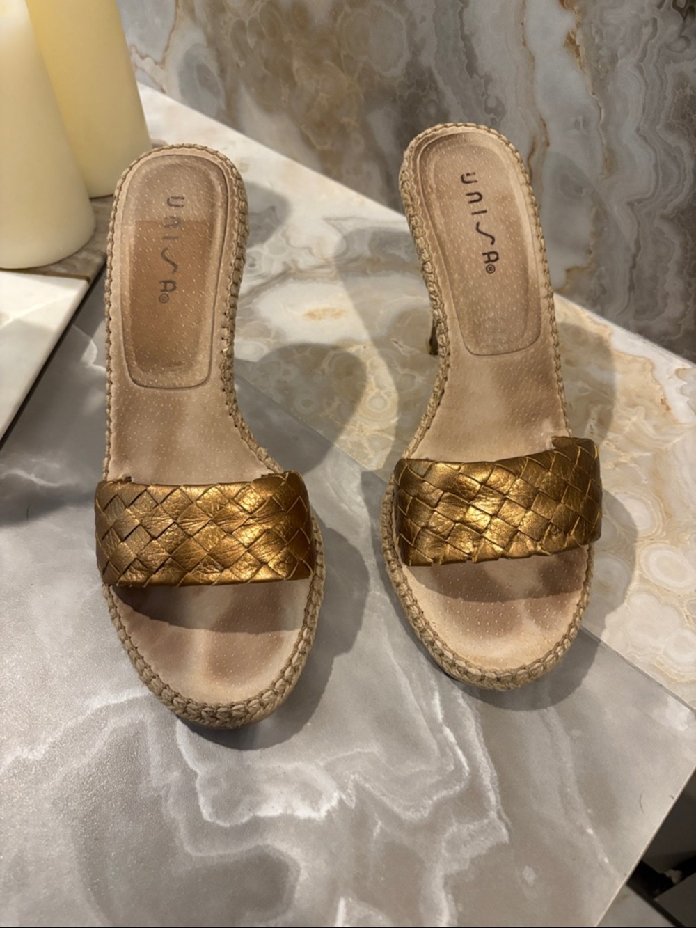 Unisa Metallic Gold Woven Espadrille Slide Mules